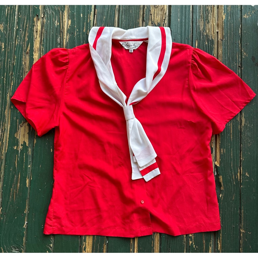 Vintage Shapely Red Sailor Blouse Short Sleeve Tie Neck Nautical Top Size 12